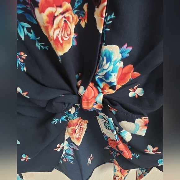 NWT Iman Navy Multicolor Floral VNeck 3/4 Sleeve Button Down Tie Up Shirt Sz 2X - Picture 5 of 11
